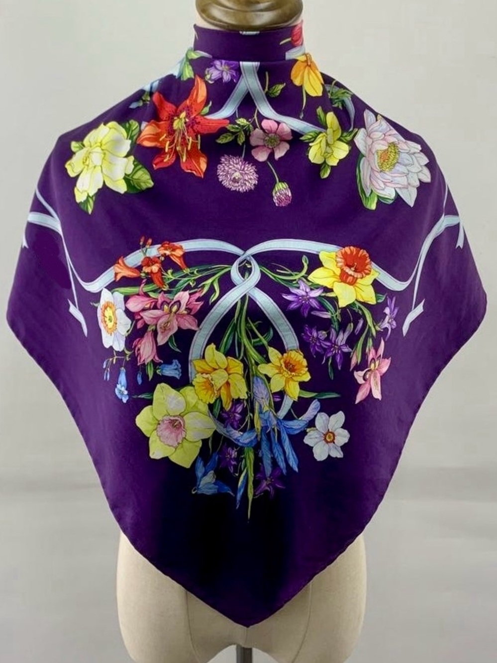 Vintage 100% Silk Floral Print Purple Square Scarf